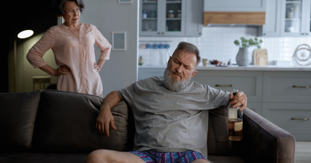 Man with alcohol on couch, woman standing upset behind him