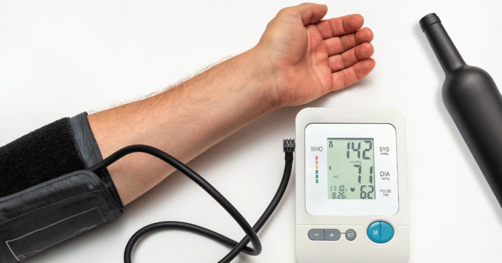 Person checking blood pressure with monitor showing elevated reading
