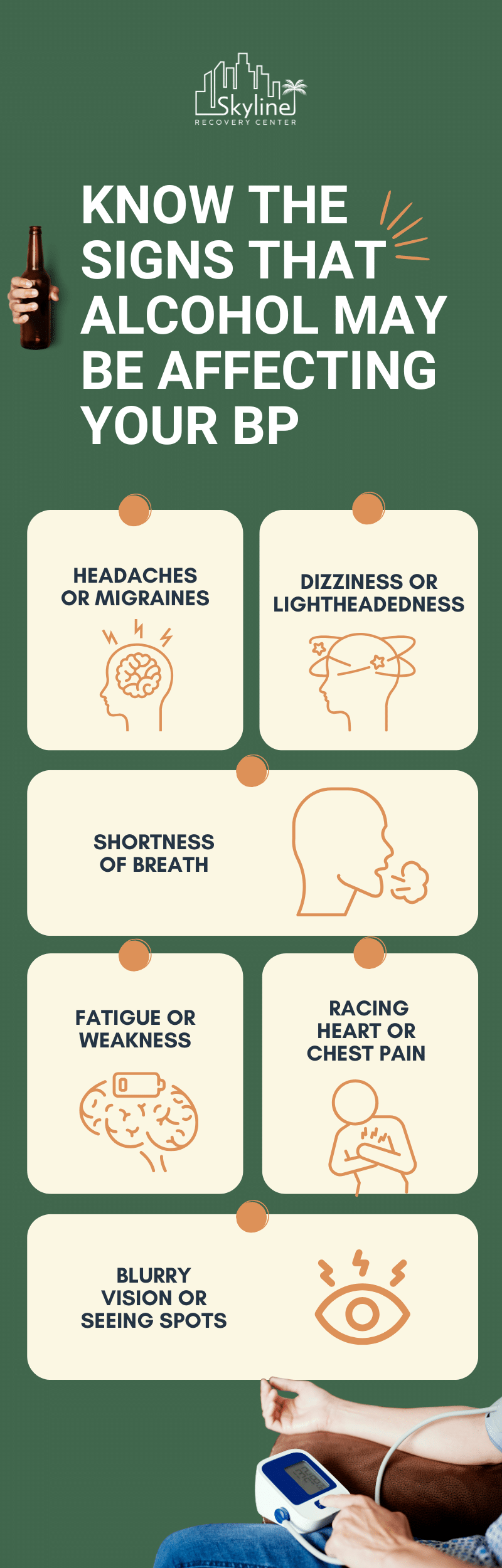 Signs alcohol may affect blood pressure: headaches, dizziness, chest pain