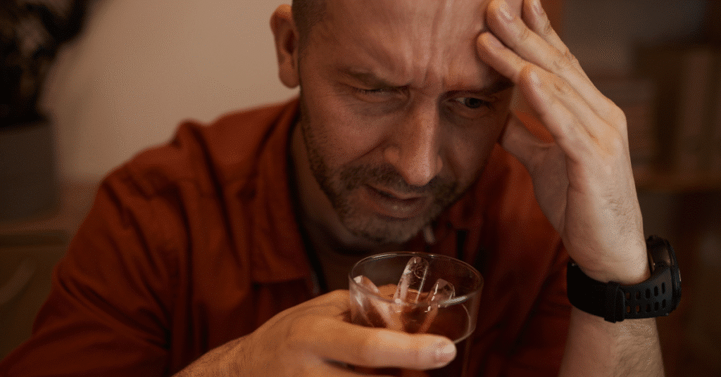 Man in pain holding a glass of alcohol — showing physical signs of alcoholism.