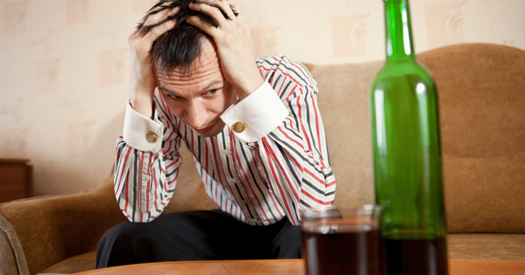 Stressed man sitting with alcohol bottle in front