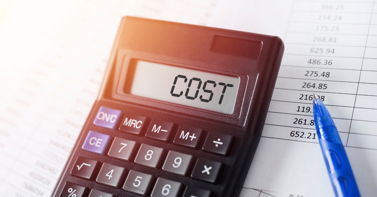 Calculator displaying the word cost