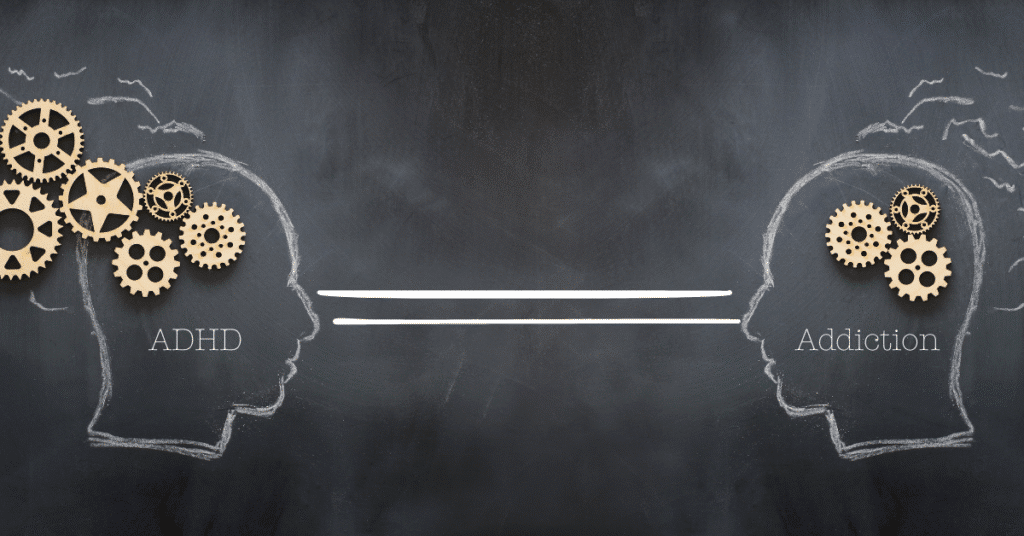 Chalk drawing of two heads labeled 'ADHD' and 'Addiction' facing each other.