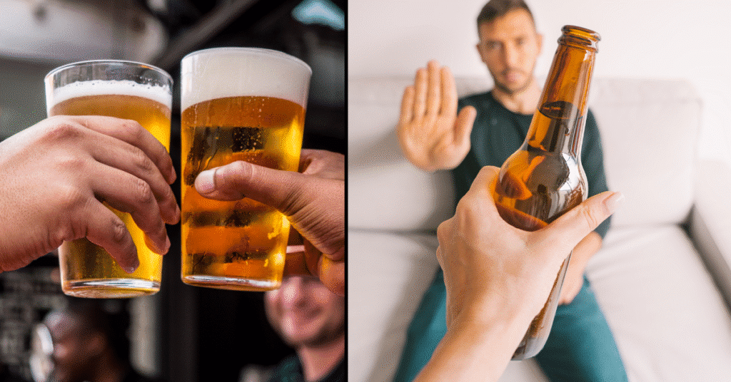 Two people clinking beer glasses vs man refusing a beer bottle.