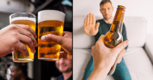 Two people clinking beer glasses vs man refusing a beer bottle.