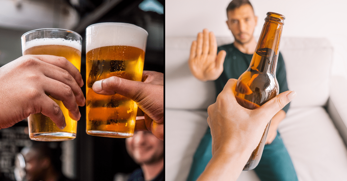 Two people clinking beer glasses vs man refusing a beer bottle.