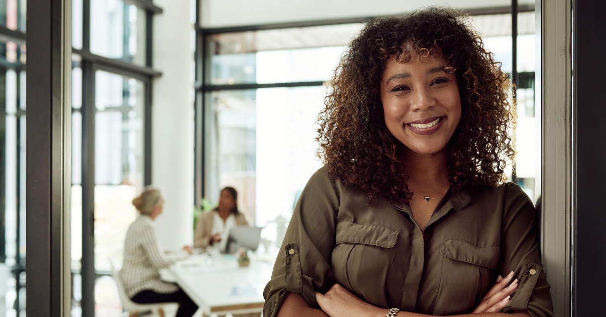 Smiling woman in modern office setting